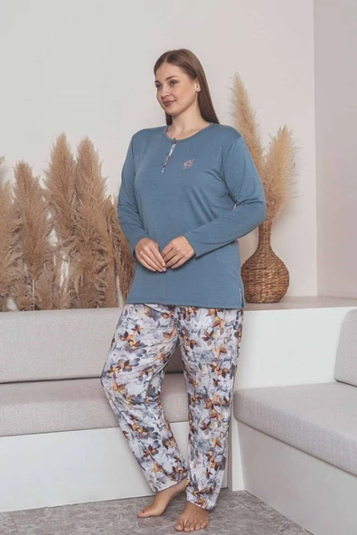 Kadın Çiçek Desen 3 Düğme Likralı Viskon Mevsimlik Büyük Beden Uzun Kol Pijama Takımı - Resim 6