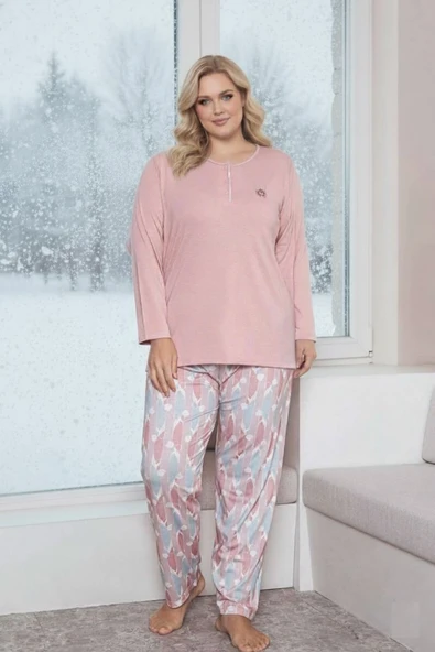 Kadın Çiçek Desen 3 Düğme Likralı Viskon Mevsimlik Büyük Beden Uzun Kol Pijama Takımı - Resim 11