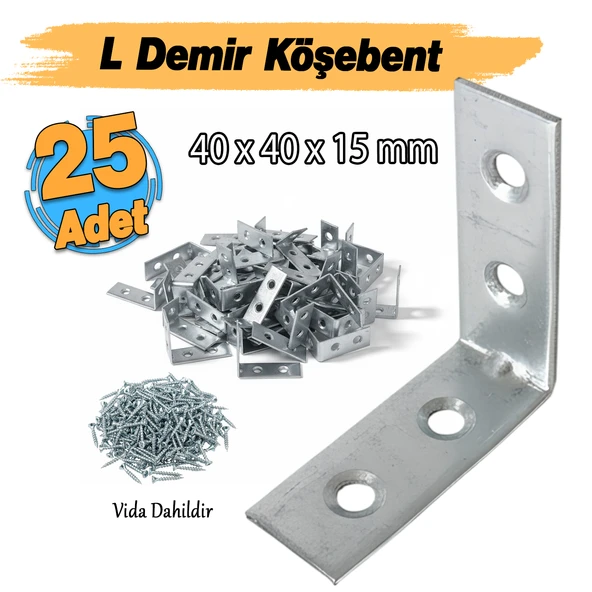 (25 ADET) Metal Köşebent 40x40x15 mm Kalın L Demiri Gönye Mobilya Duvar Sabitleme Bağlantı Aparatı - Resim 2