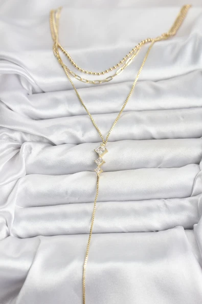 Pirinç Gold Renk Zirkon Taş Detaylı 3'lü Kombin Y Kadın Ke - Resim 2