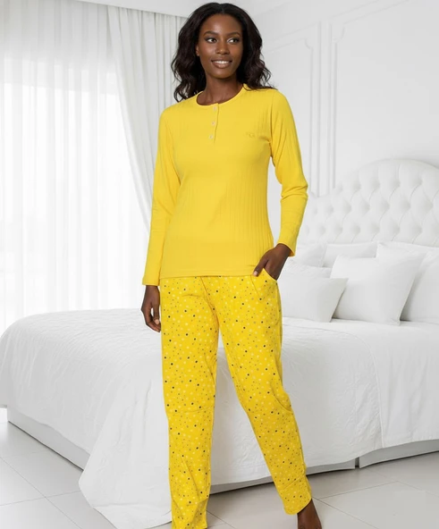 Kadın Sarı Çiçek Desen Mevsimlik Pamuklu Penye Uzun Kol Cepli Pijama Takımı-Slim Fit Dar Kalıp - Resim 5
