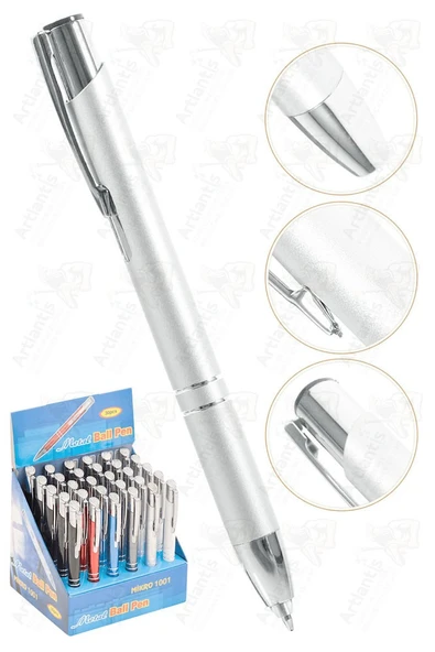 Beyaz Kısa Boylu Metal Tükenmez Kalem 1 Adet Yedek Uçlu Mavi Renkli Cep Kalemi Tükenmez Basmalı Mikro 1001 Mekanizmalı - Resim 5