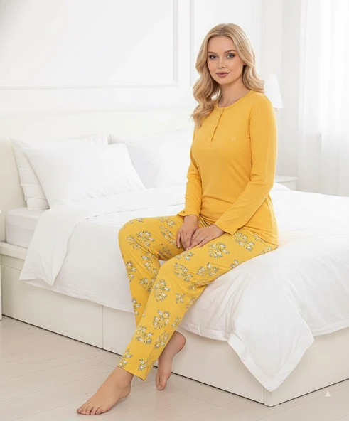 Kadın Sarı Çiçek Desen Mevsimlik Pamuklu Penye Uzun Kol Cepli Pijama Takımı-Slim Fit Dar Kalıp - Resim 10
