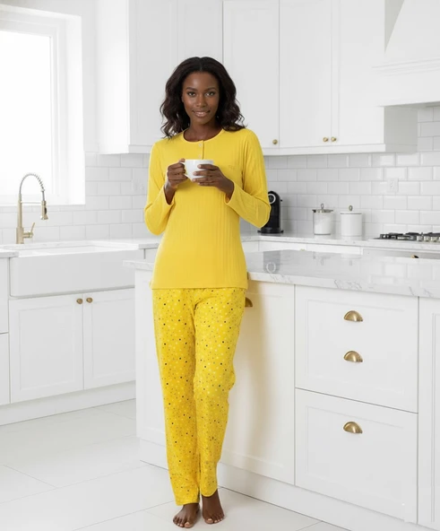 Kadın Sarı Çiçek Desen Mevsimlik Pamuklu Penye Uzun Kol Cepli Pijama Takımı-Slim Fit Dar Kalıp - Resim 3