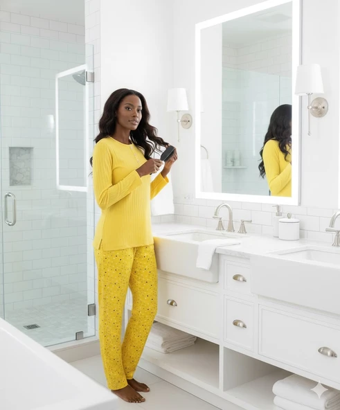 Kadın Sarı Çiçek Desen Mevsimlik Pamuklu Penye Uzun Kol Cepli Pijama Takımı-Slim Fit Dar Kalıp - Resim 4