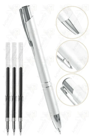 Beyaz Kısa Boylu Metal Tükenmez Kalem 1 Adet Yedek Uçlu Mavi Renkli Cep Kalemi Tükenmez Basmalı Mikro 1001 Mekanizmalı ürün görseli