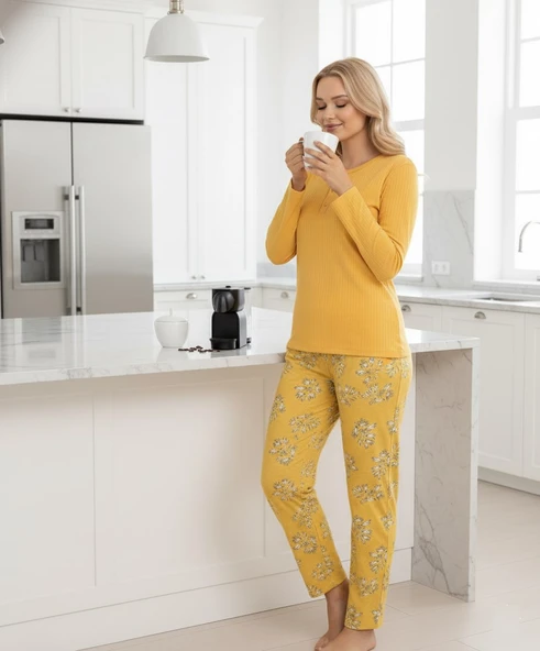 Kadın Sarı Çiçek Desen Mevsimlik Pamuklu Penye Uzun Kol Cepli Pijama Takımı-Slim Fit Dar Kalıp - Resim 7