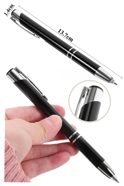 Beyaz Kısa Boylu Metal Tükenmez Kalem 1 Adet Yedek Uçlu Mavi Renkli Cep Kalemi Tükenmez Basmalı Mikro 1001 Mekanizmalı - Resim 3