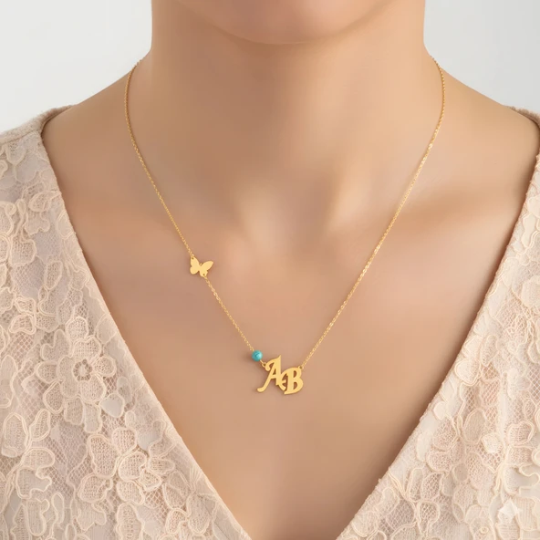 Kelebekli Çapraz Harf Kolye-Rose - Resim 2