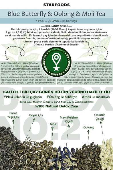 3 Paket No: 2 Detox Tea Blue Butterfly & Oolong & Moli Detox Çayı Beyaz Çay Barut Yeşilçay - Resim 2