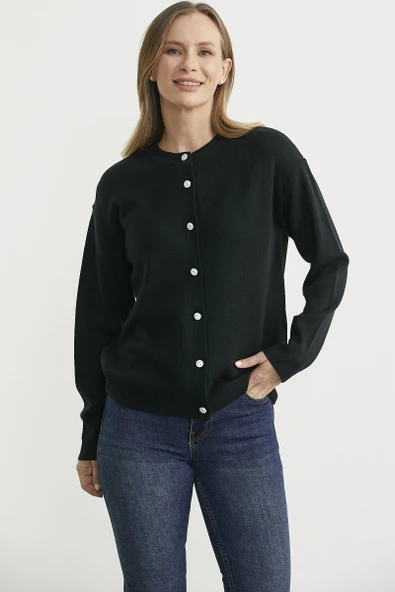 Düğme Detaylı Sıfır Yaka Triko Hırka - Siyah - Resim 3
