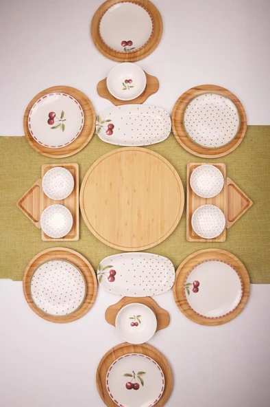 Atbyhome Eden 6 Kişilik 27 Parça Doğal Bambu Porselen Kahvaltı Takımı – Kahvaltı Seti Sunum Seti - Resim 2