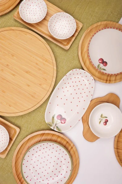 Atbyhome Eden 6 Kişilik 27 Parça Doğal Bambu Porselen Kahvaltı Takımı – Kahvaltı Seti Sunum Seti - Resim 3