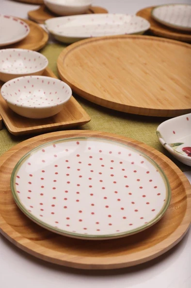 Atbyhome Eden 6 Kişilik 27 Parça Doğal Bambu Porselen Kahvaltı Takımı – Kahvaltı Seti Sunum Seti - Resim 6