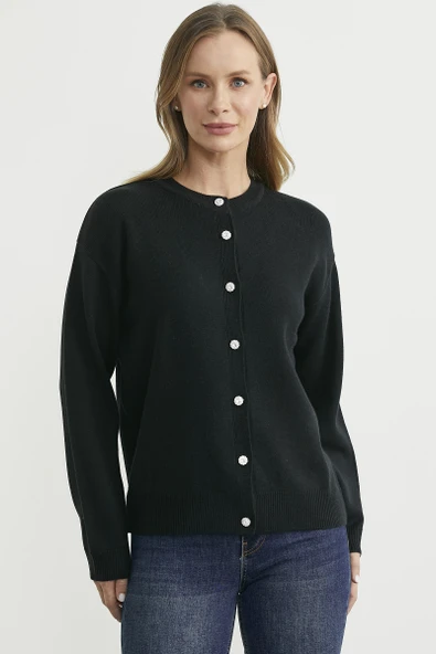 Düğme Detaylı Sıfır Yaka Triko Hırka - Siyah ürün görseli