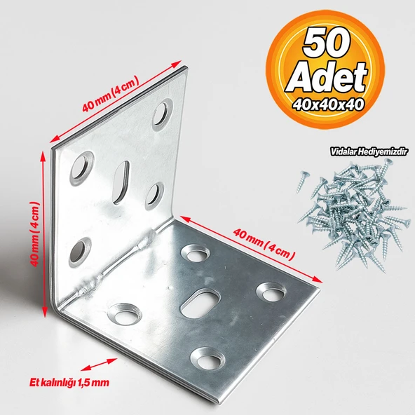 Metal L Demir 40x40x40 mm (50 Adet) Raf Dolap Mobilya Köşe Bağlantı Aparatı Duvar Sabitleme Seti - Resim 2