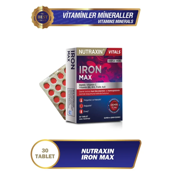 Nutraxin Iron Max 17 Mg 30 Tablet - Gentle Iron, Vitamin C, B12, B6, Folik Asit - Resim 2