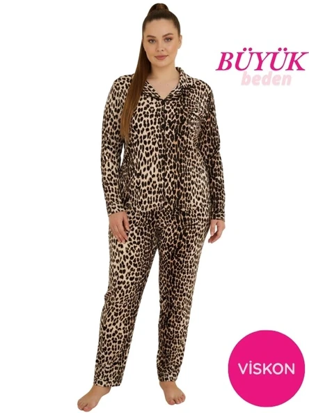 Kadın Büyük Beden Viskon Önden Düğmeli Gömlek Yaka Göğüs Cepli Uzun Kol Mevsimlik Pijama Takımı ürün görseli 1