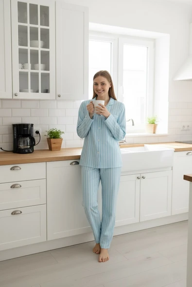 Kadın Büyük Beden Viskon Önden Düğmeli Gömlek Yaka Göğüs Cepli Uzun Kol Mevsimlik Pijama Takımı - Resim 10