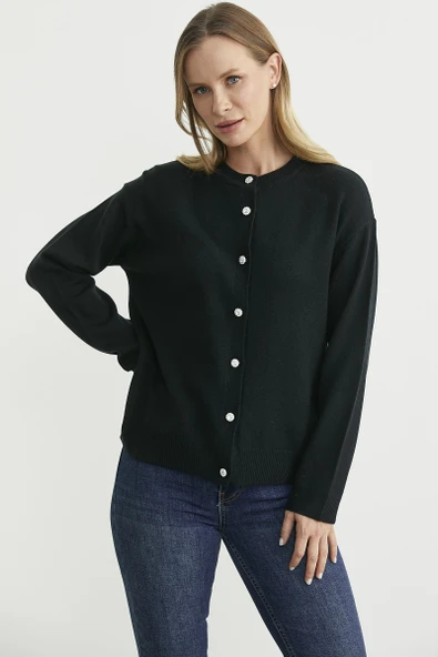 Düğme Detaylı Sıfır Yaka Triko Hırka - Siyah - Resim 4