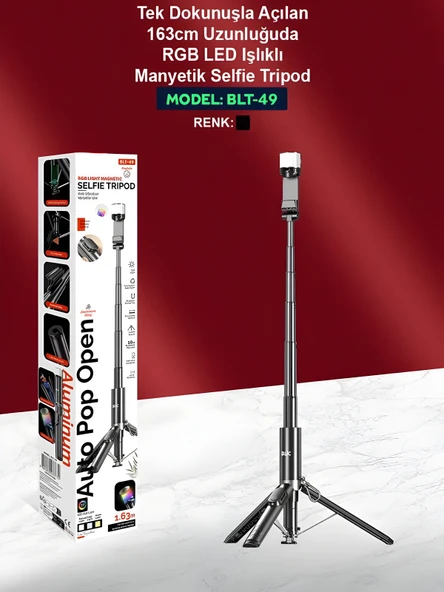 163cm RGB Işıklı Magsafe Selfie Tripod Uzaktan Kumandalı, Tek Dokunuşla Açılan Katlanabilir - Resim 6