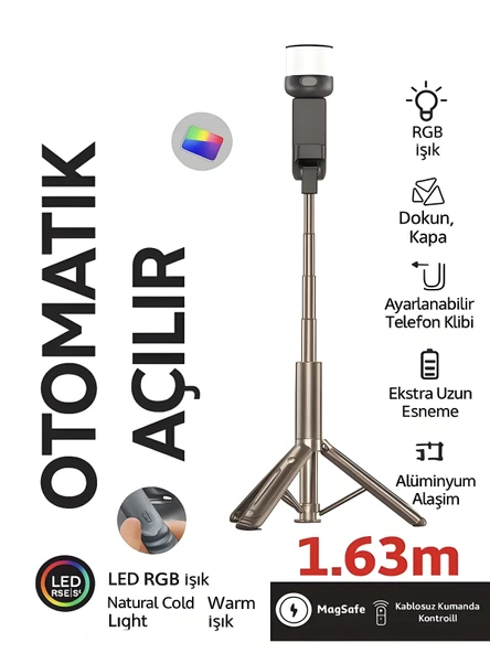 163cm RGB Işıklı Magsafe Selfie Tripod Uzaktan Kumandalı, Tek Dokunuşla Açılan Katlanabilir ürün görseli 1