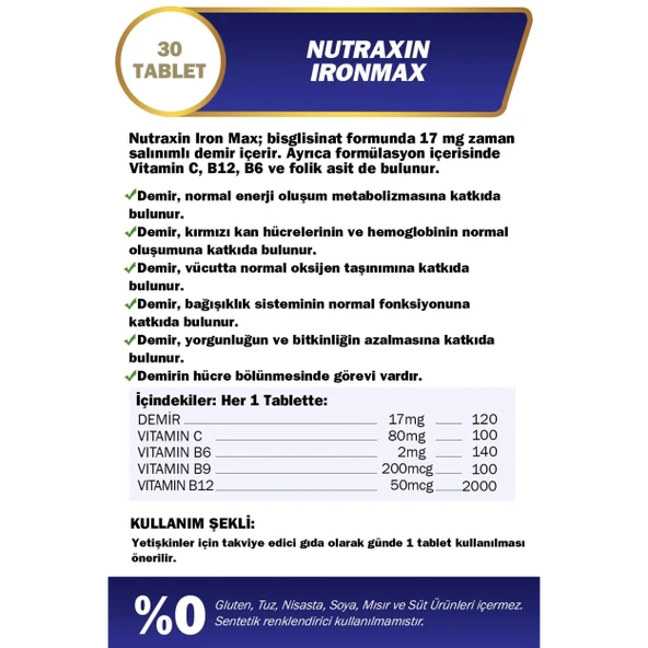 Nutraxin Iron Max 17 Mg 30 Tablet - Gentle Iron, Vitamin C, B12, B6, Folik Asit - Resim 3