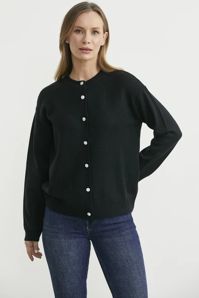 Düğme Detaylı Sıfır Yaka Triko Hırka - Siyah - Resim 2