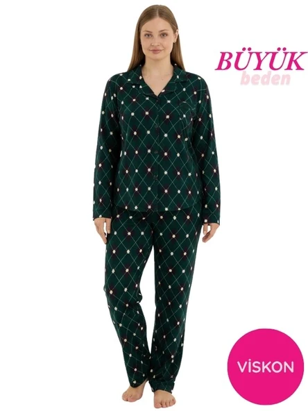 Kadın Büyük Beden Gömlek Yaka Önden Düğmeli Mevsimlik İnce Süet Uzun Kol Göğüs Cepli Pijama Takımı - Resim 8
