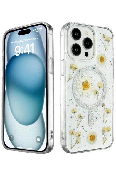 LitaeTrend iPhone 14 Pro Max Kılıf Daisy Simli Magsafe Kapak - Gümüş ürün görseli 1