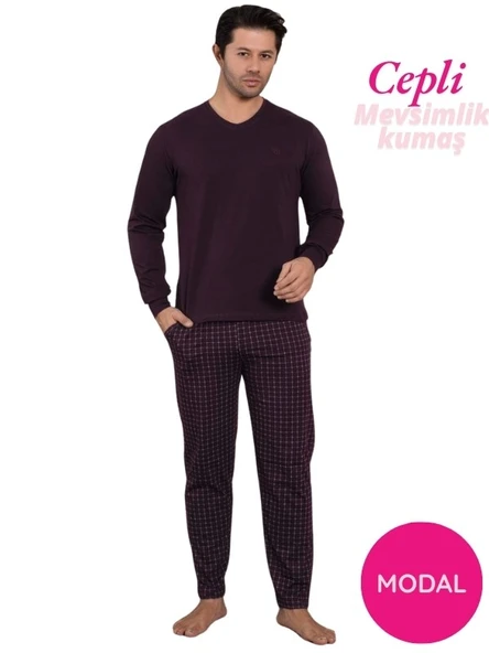 Guava Erkek Bisiklet Yaka Düğmesiz Ekose Desen Modal Mevsimlik Uzun Kol Manşetli Cepli Pijama Takımı ürün görseli 1