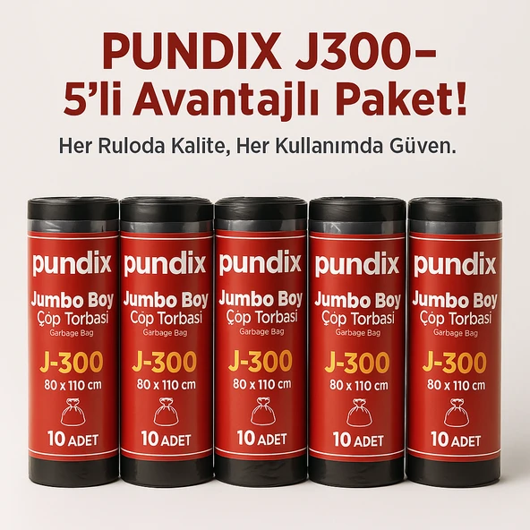 Pundix J300 Jumbo Boy Çöp Torbası (80X110 Cm) 5 Rulo (Toplam 50 Adet) Dayanıklı, Sızdırmaz ve Geniş Hacimli Çöp Poşeti ürün görseli 1