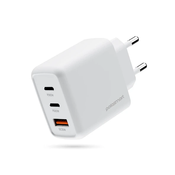 Polosmart PBS135 65W PD Hızlı Şarj Adaptörü 2 Type-C + USB Çıkış (3 Port) Güvenli Şarj Beyaz ürün görseli 1
