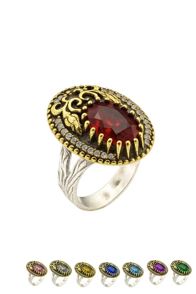 Lale Motifli Oval Zirkon Taşlı Renk Seçenekli Otantik Ayarlanabilir Gümüş Yüzük ürün görseli