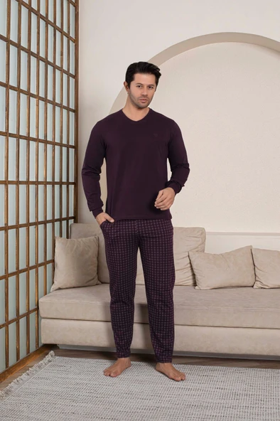 Guava Erkek Bisiklet Yaka Düğmesiz Ekose Desen Modal Mevsimlik Uzun Kol Manşetli Cepli Pijama Takımı - Resim 5