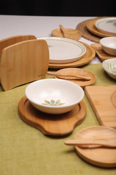 Atbyhome Soul 6 Kişilik 47 Parça Doğal Bambu Porselen Kahvaltı Takımı – Kahvaltı Seti Sunum Seti - Resim 5