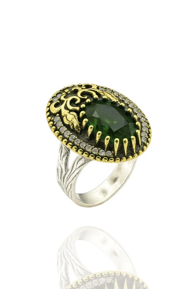 Lale Motifli Oval Zirkon Taşlı Renk Seçenekli Otantik Ayarlanabilir Gümüş Yüzük - Resim 5