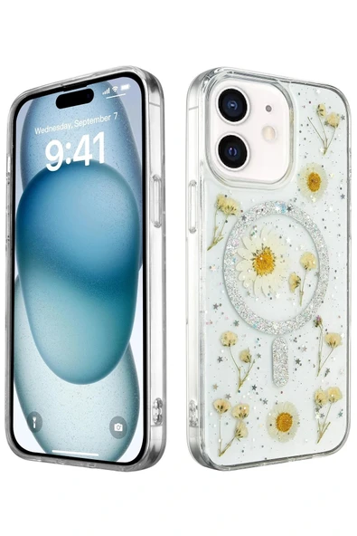 LitaeTrend iPhone 12 Kılıf Daisy Simli Magsafe Kapak - Gümüş ürün görseli 1