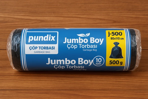 Pundix J500 Jumbo Boy Çöp Torbası 80X110 cm 1 Rulo (10 Adet) 500 G Çift Kat 55 Mikron Dayanıklı Siyah Poşet ürün görseli 1