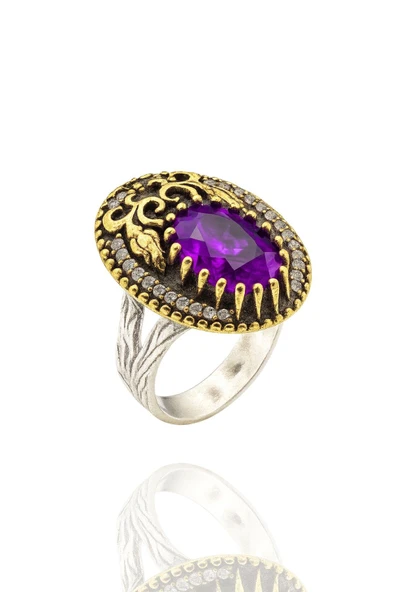 Lale Motifli Oval Zirkon Taşlı Renk Seçenekli Otantik Ayarlanabilir Gümüş Yüzük - Resim 7