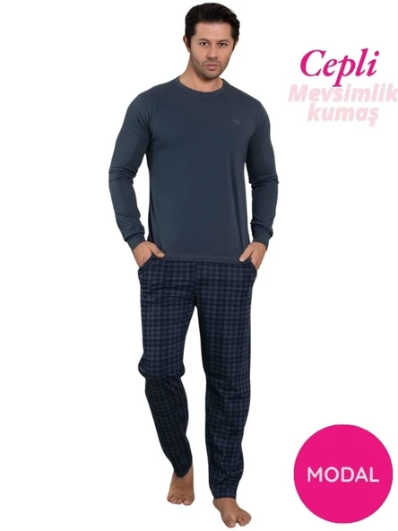 Guava Erkek Bisiklet Yaka Düğmesiz Ekose Desen Modal Mevsimlik Uzun Kol Manşetli Cepli Pijama Takımı - Resim 9