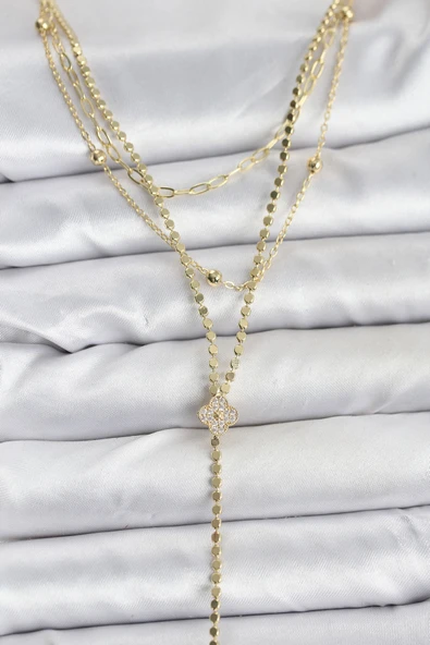 Pirinç Gold Renk Zirkon Taşlı Yonca Model Detaylı 3'lü Kombin Y Kadın Kolye - TJ-BKO10699 ürün görseli 1