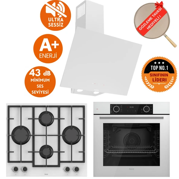 Ferre FryArt & FlowArt Luno Sessiz Davlumbazlı Beyaz Cam Ankastre  Set ( D078-SA + LN386 + XE63CB ) ürün görseli 1