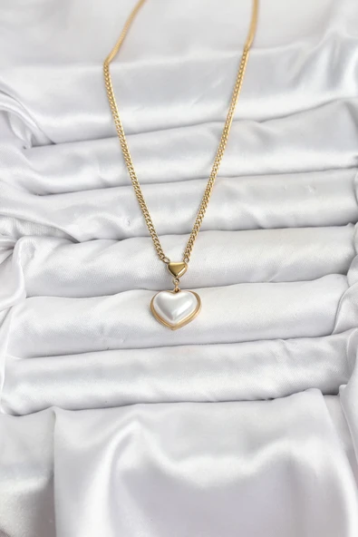 316L Çelik Zincir Gold Renk Bombeli Kalp Model Kadın Kolye - TJ-BKO10685 - Resim 2