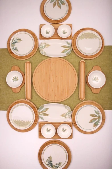Atbyhome Sage 6 Kişilik 27 Parça Doğal Bambu Porselen Kahvaltı Takımı – Kahvaltı Seti Sunum Seti - Resim 2