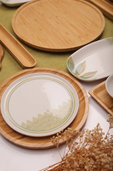 Atbyhome Sage 6 Kişilik 27 Parça Doğal Bambu Porselen Kahvaltı Takımı – Kahvaltı Seti Sunum Seti - Resim 5