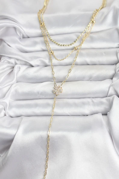 Pirinç Gold Renk Zirkon Taşlı Çiçek Model Detaylı 3'lü Kombin Y Kadın Kolye - TJ-BKO10697 - Resim 2