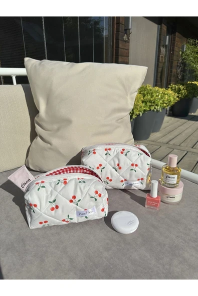 Kiraz Desenli Makyaj Çantası - Küçük Boy - Resim 3