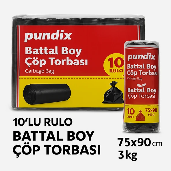 Pundix Battal Boy Çöp Torbası 75X90 cm (10’lu Rulo Opp Ambalajlı Toplam 3 Kg) Dayanıklı, Sızdırmaz ve Geniş Hacimli Çöp Poşeti ürün görseli 1