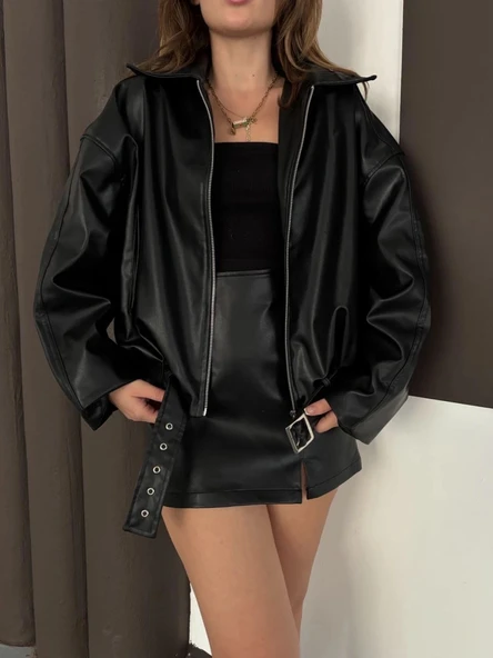 Astarlı kemerli pb deri ceket siyah onst ürün görseli